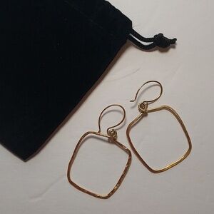 14K Gold Square Hoop Dangle Earrings Handmade Artisan